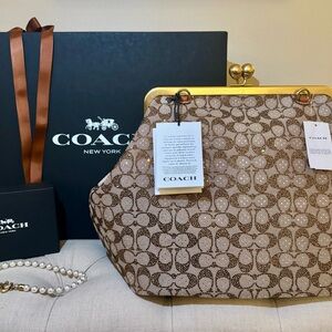 Coach large kiss lock crystal shoulder bag in Burnished Amber with pearl chain